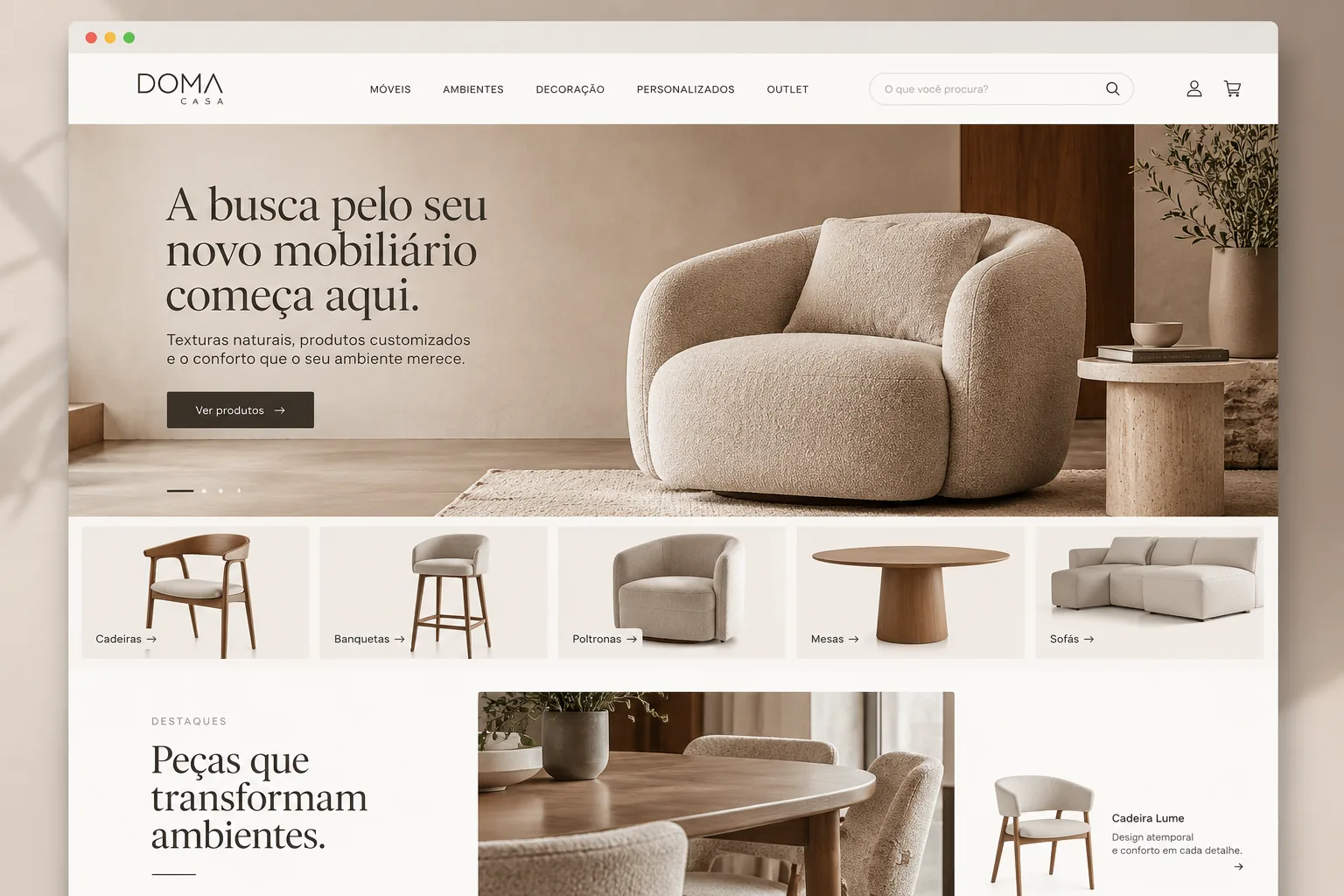 E-commerce da DOMA CASA, loja de móveis de Florianópolis com curadoria de design brasileiro